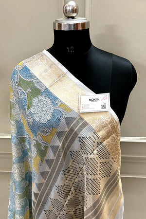 White Blue Printed Muga Silk Banarasi Saree
