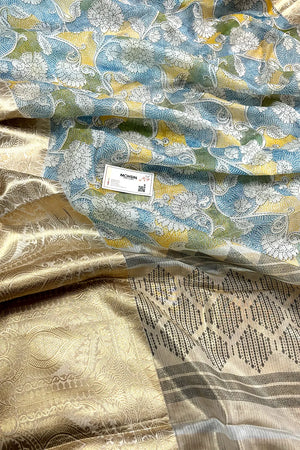 White Blue Printed Muga Silk Banarasi Saree