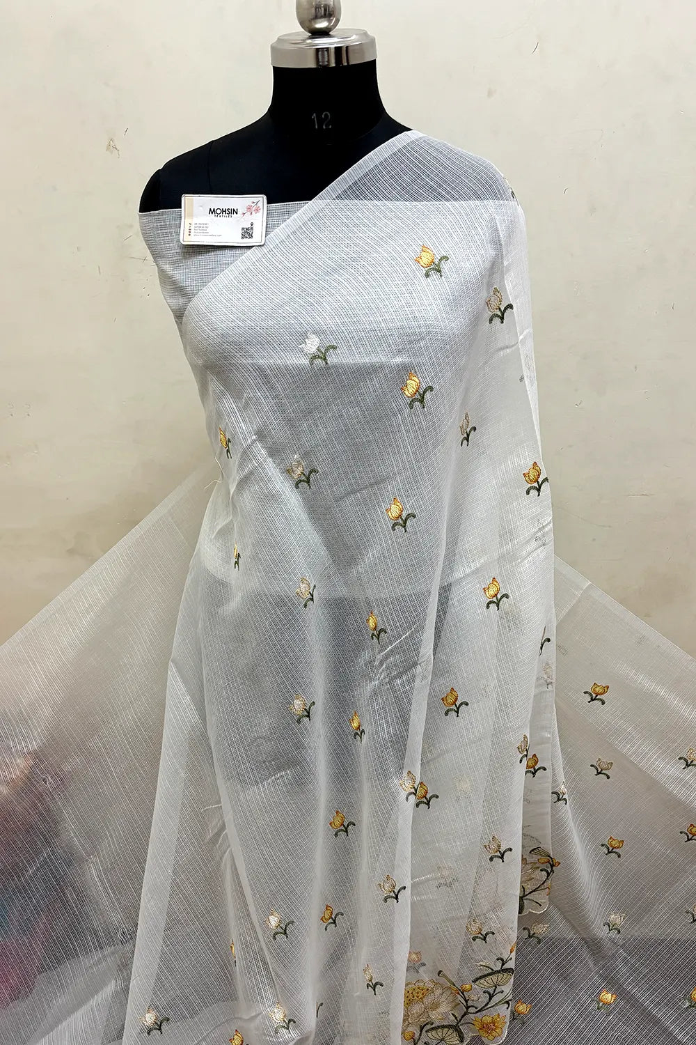 White Embroidery Lilen Silk Banarasi Saree