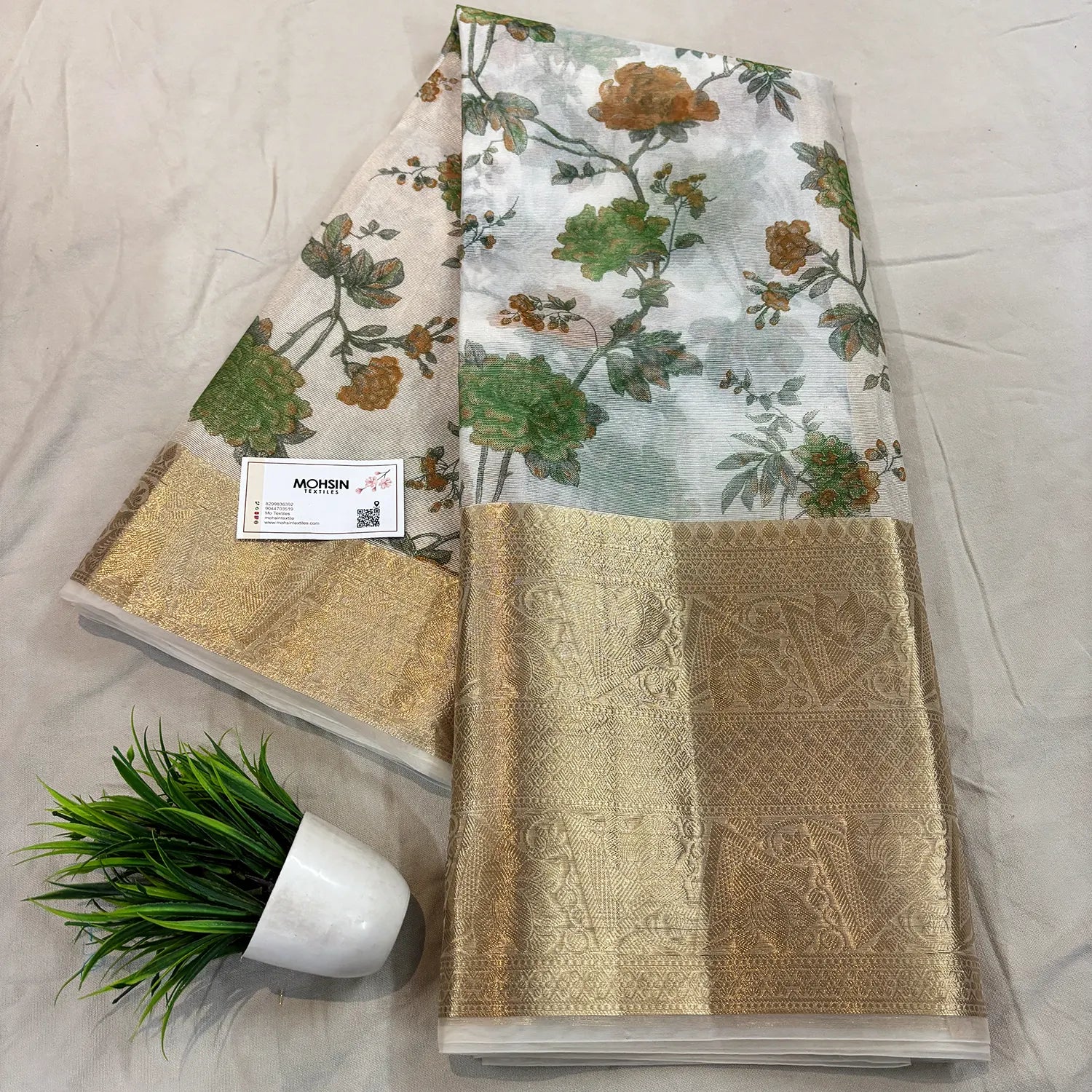 White Green Printed Muga Silk Banarasi Saree