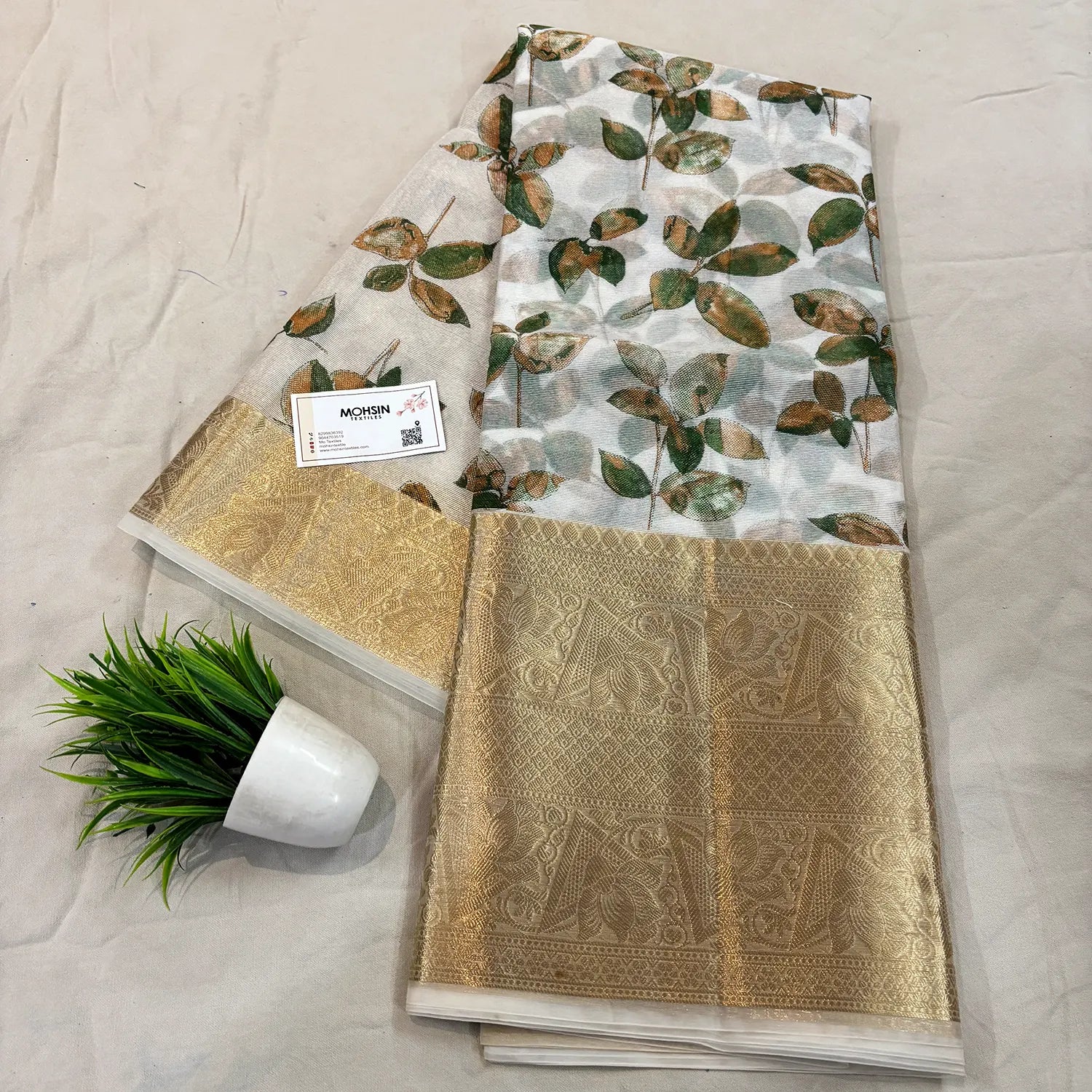 White Green Printed Muga Silk Banarasi Saree