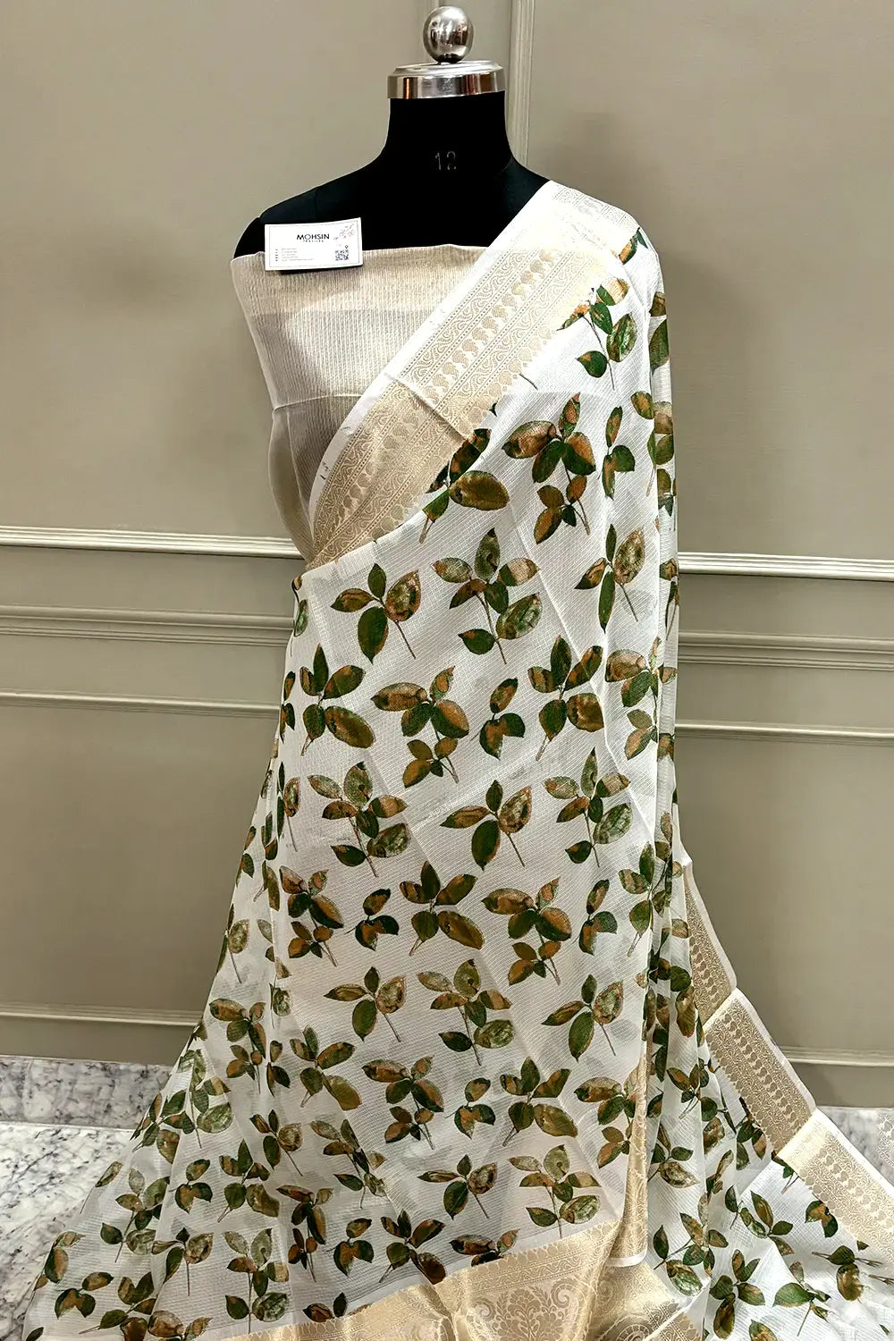 White Green Printed Muga Silk Banarasi Saree