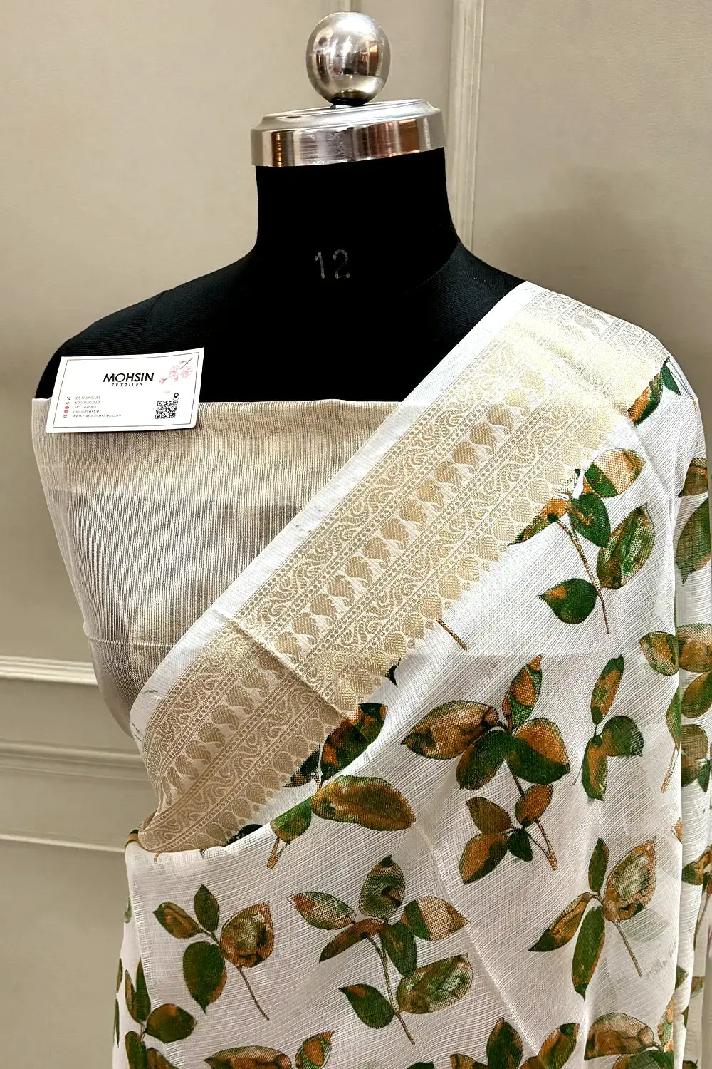 White Green Printed Muga Silk Banarasi Saree