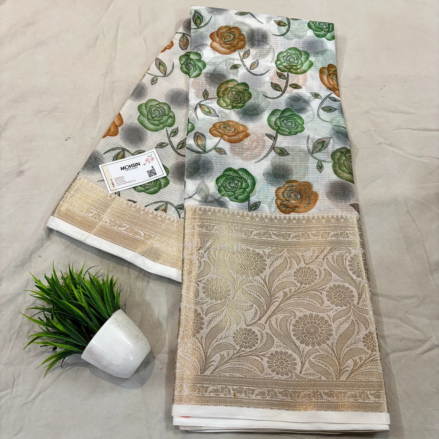 White Green Printed Muga Silk Banarasi Saree