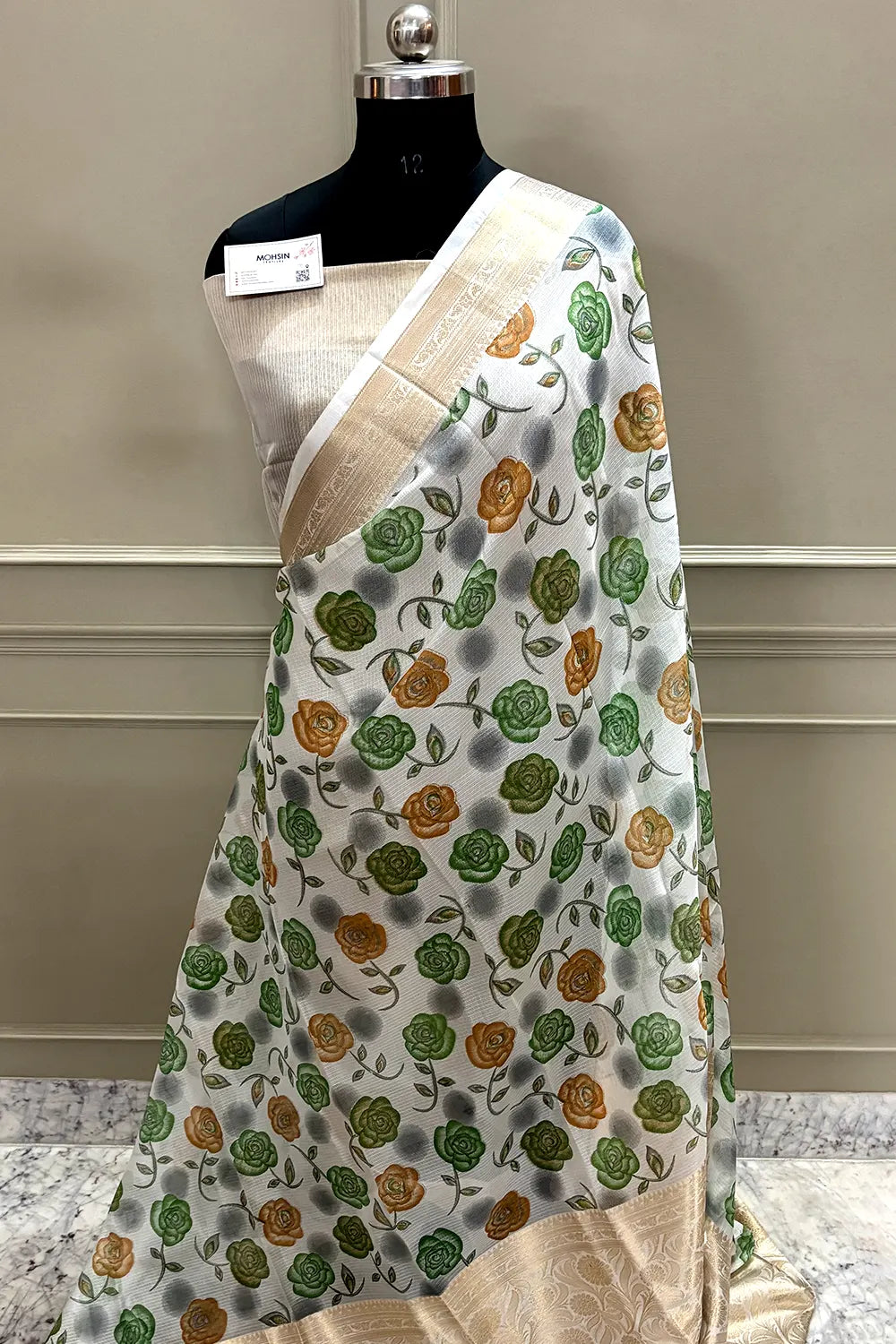 White Green Printed Muga Silk Banarasi Saree
