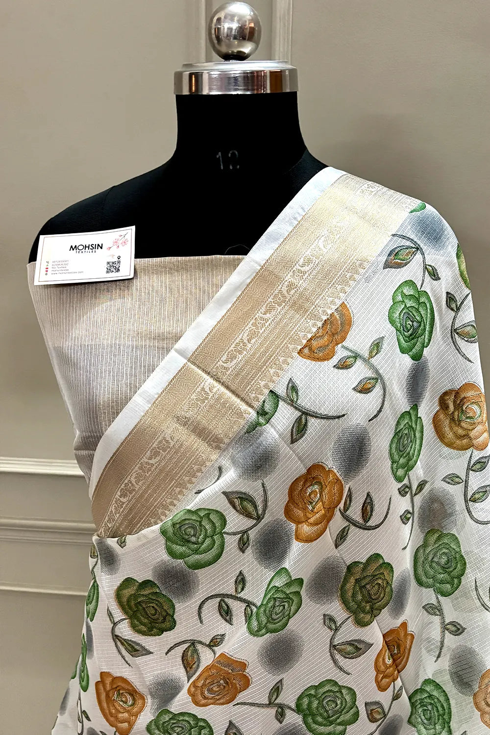 White Green Printed Muga Silk Banarasi Saree