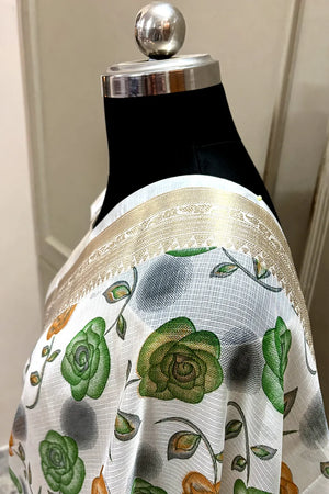 White Green Printed Muga Silk Banarasi Saree
