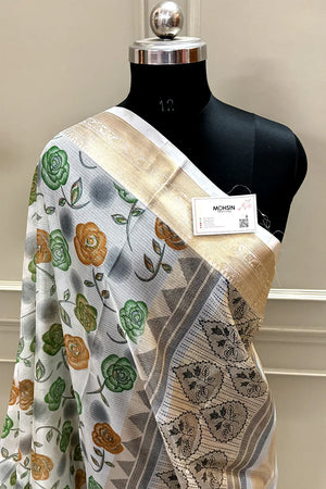 White Green Printed Muga Silk Banarasi Saree