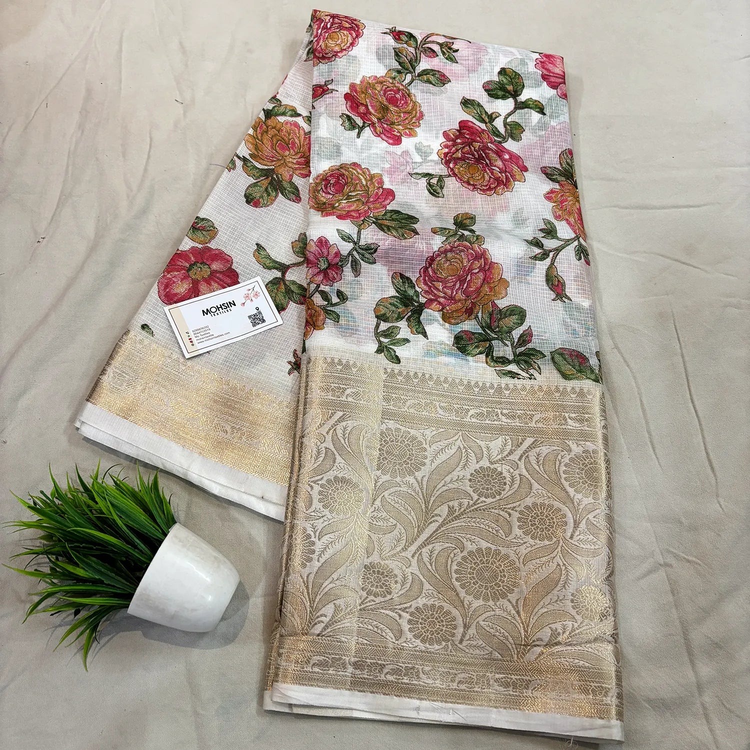 White Green Printed Muga Silk Banarasi Saree