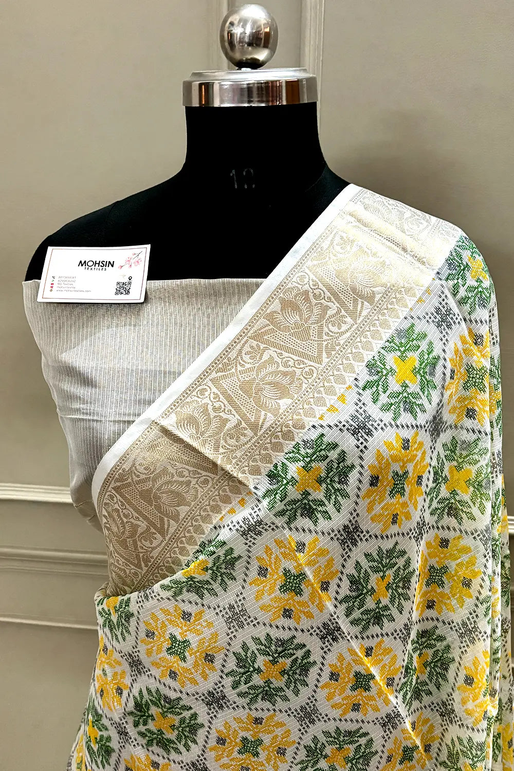 White Green Printed Muga Silk Banarasi Saree