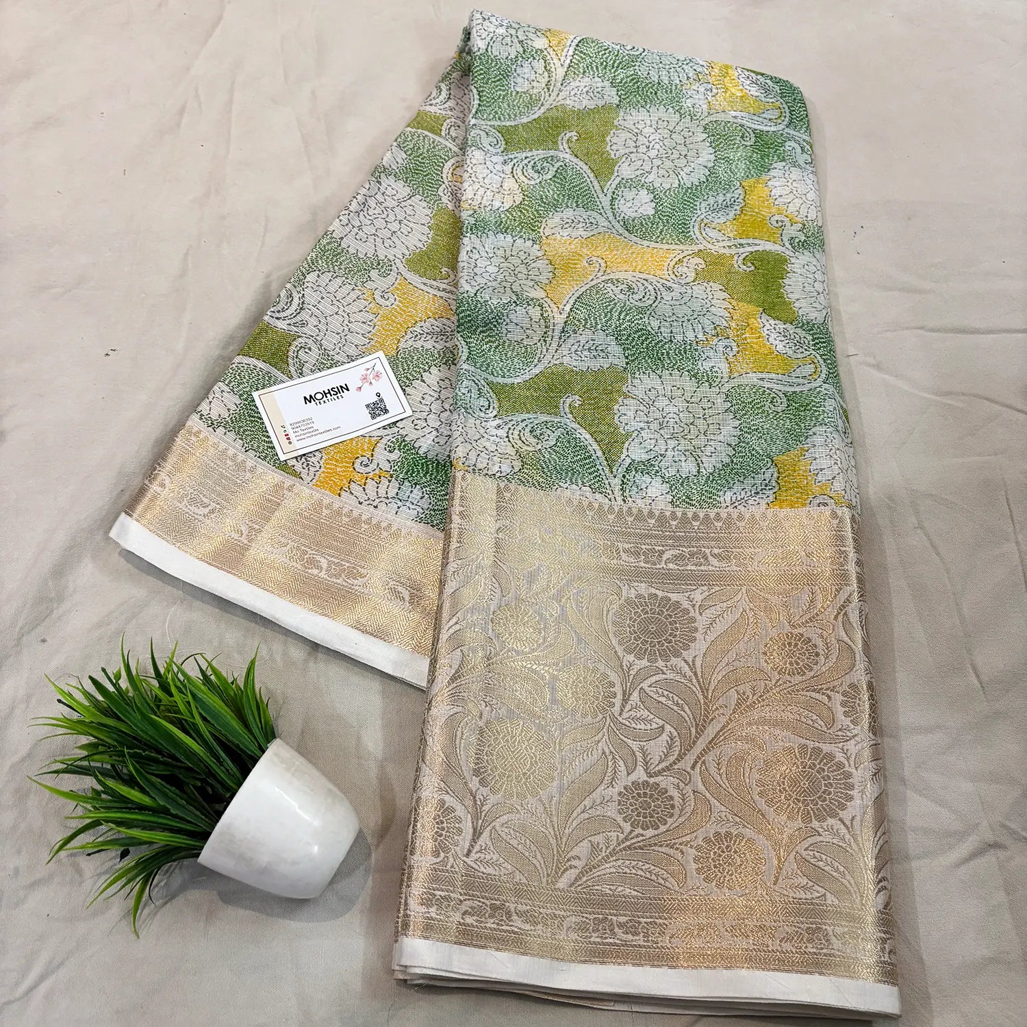 White Green Printed Muga Silk Banarasi Saree