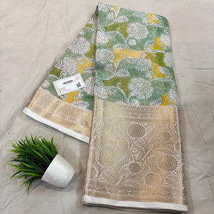 White Green Printed Muga Silk Banarasi Saree