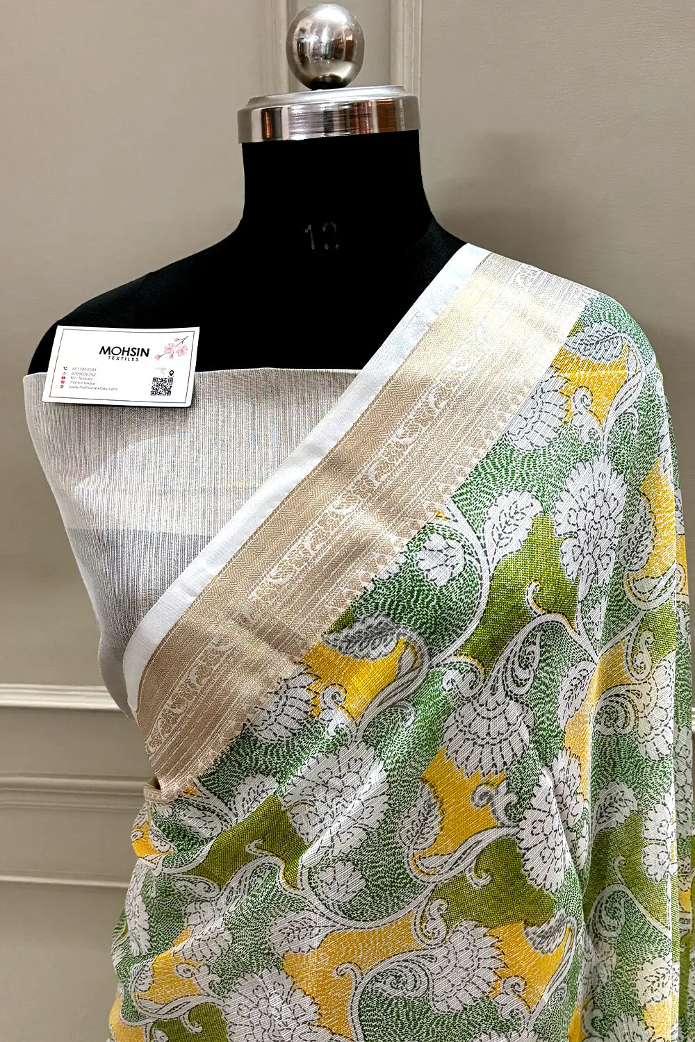 White Green Printed Muga Silk Banarasi Saree