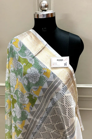 White Green Printed Muga Silk Banarasi Saree