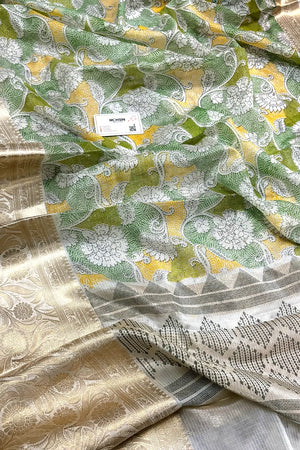 White Green Printed Muga Silk Banarasi Saree