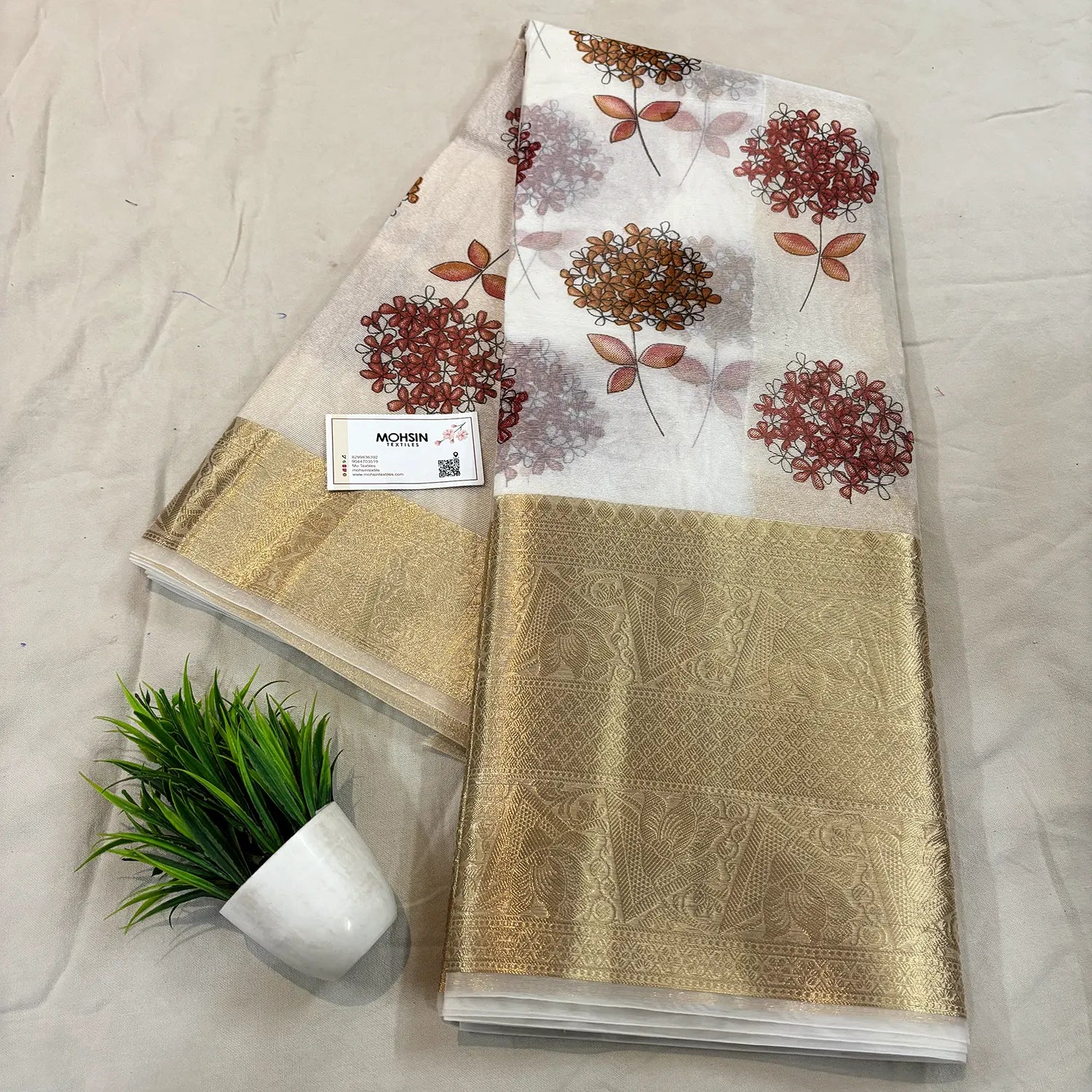 White Maroon Printed Muga Silk Banarasi Saree