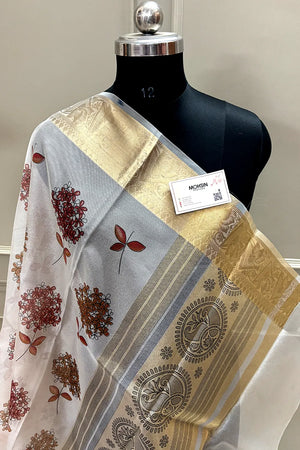 White Maroon Printed Muga Silk Banarasi Saree