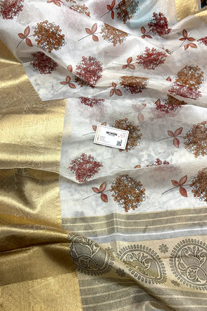 White Maroon Printed Muga Silk Banarasi Saree