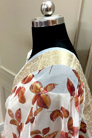 White Maroon Printed Muga Silk Banarasi Saree