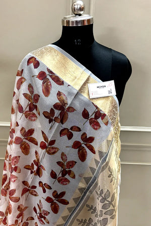 White Maroon Printed Muga Silk Banarasi Saree