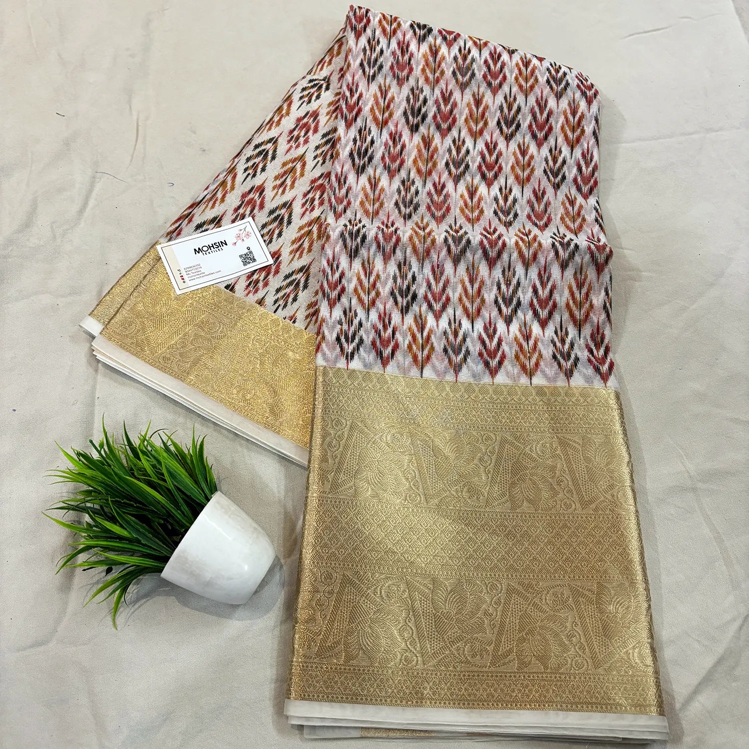 White Maroon Printed Muga Silk Banarasi Saree