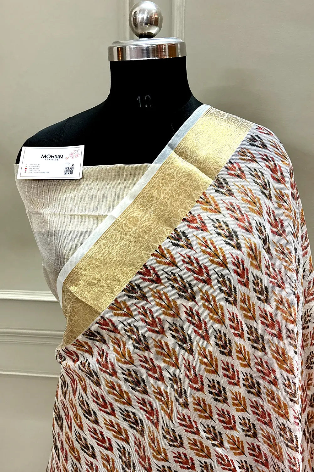 White Maroon Printed Muga Silk Banarasi Saree