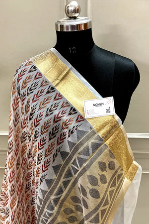 White Maroon Printed Muga Silk Banarasi Saree