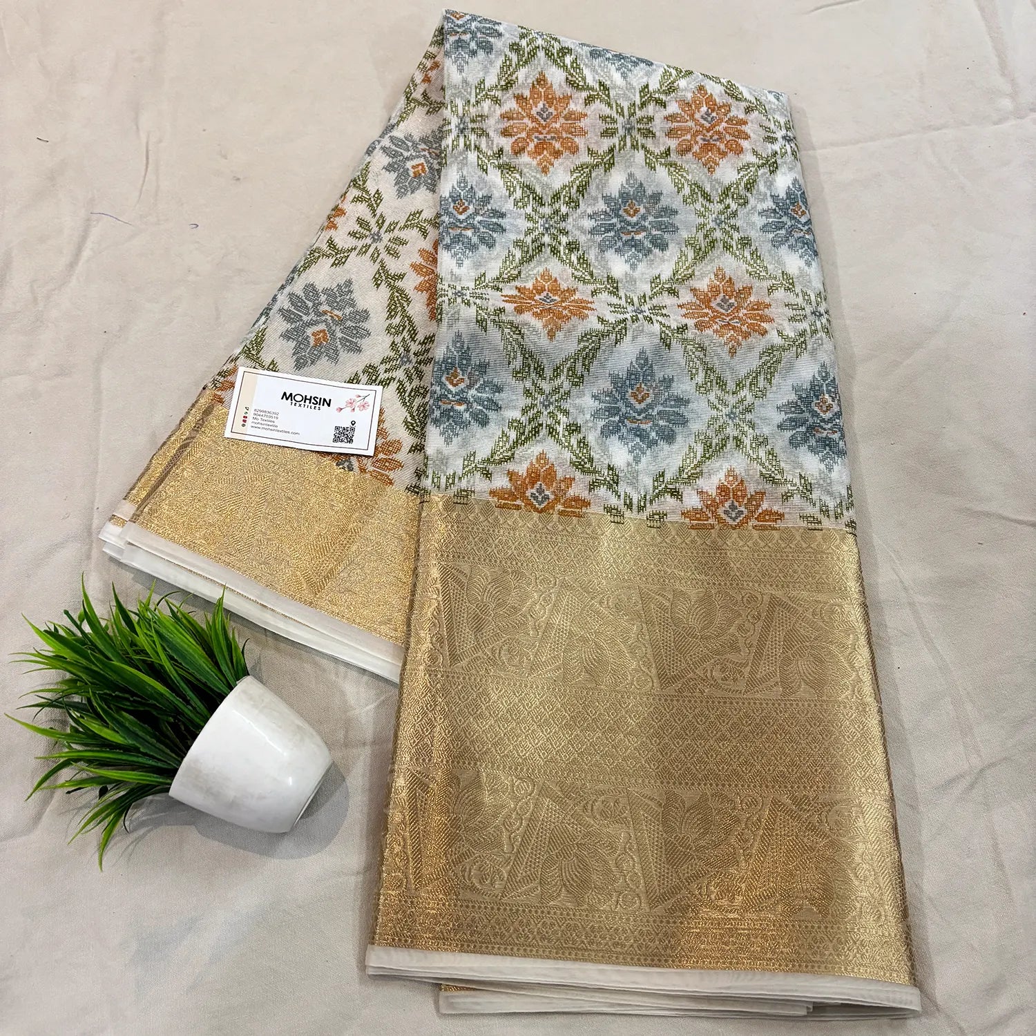 White Mehendi Printed Muga Silk Banarasi Saree