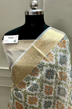 White Mehendi Printed Muga Silk Banarasi Saree