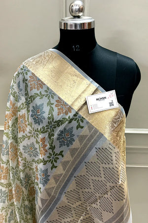 White Mehendi Printed Muga Silk Banarasi Saree