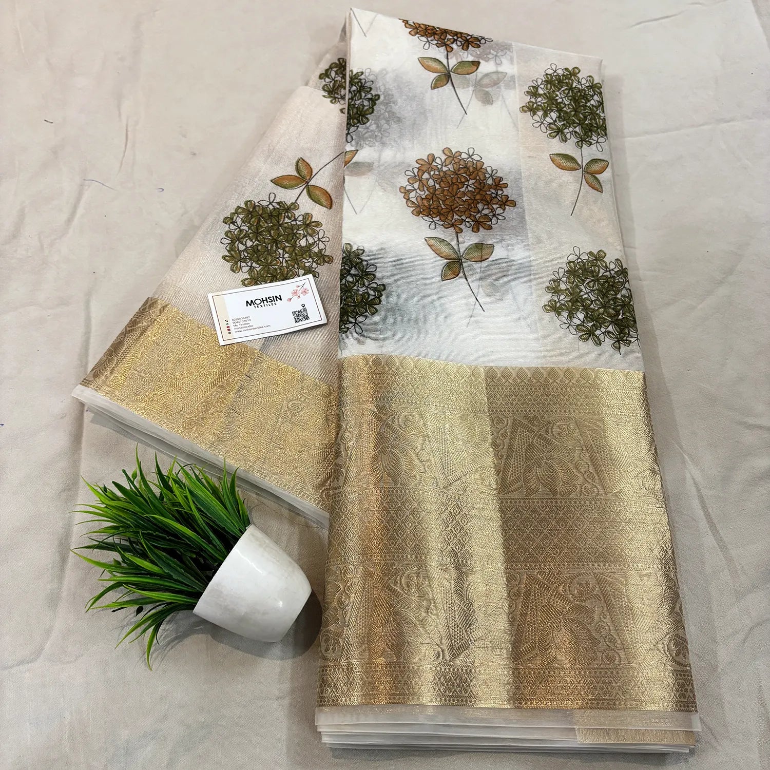 White Mehendi Printed Muga Silk Banarasi Saree