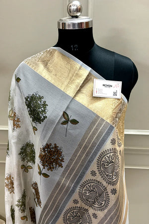 White Mehendi Printed Muga Silk Banarasi Saree