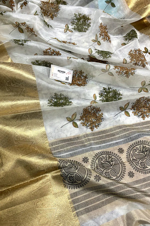 White Mehendi Printed Muga Silk Banarasi Saree