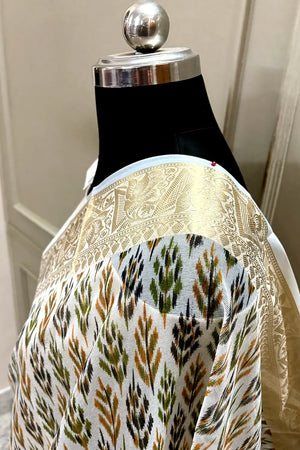 White Mehendi Printed Muga Silk Banarasi Saree