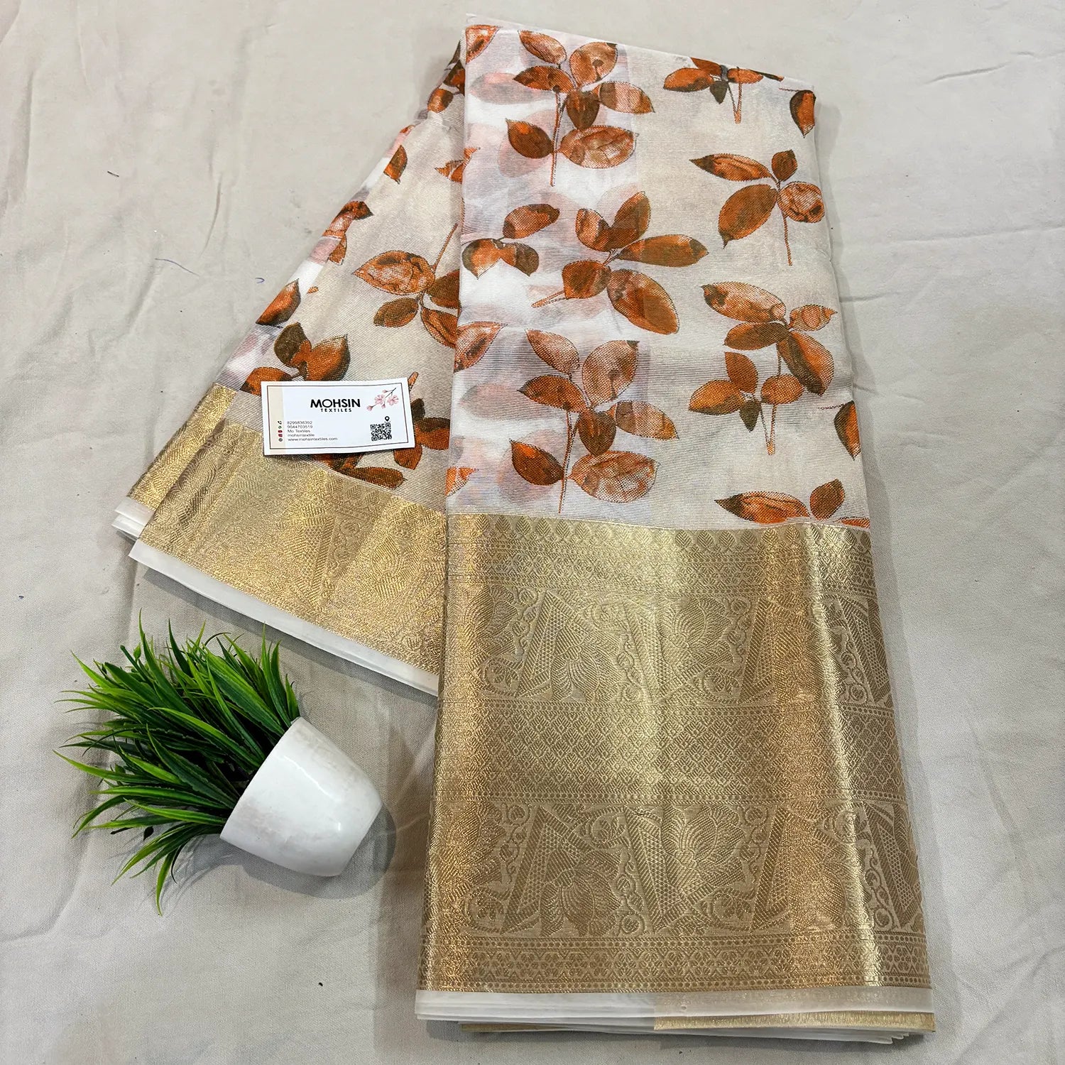 White Orange Printed Muga Silk Banarasi Saree