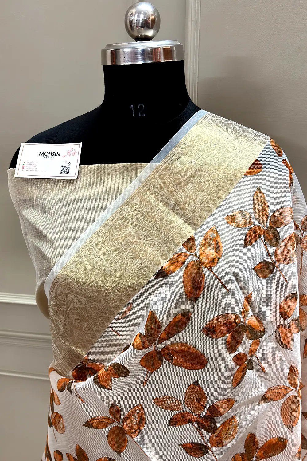 White Orange Printed Muga Silk Banarasi Saree