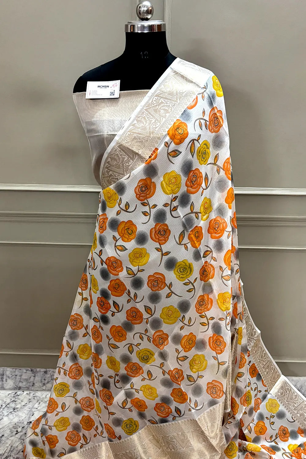 White Orange Printed Muga Silk Banarasi Saree