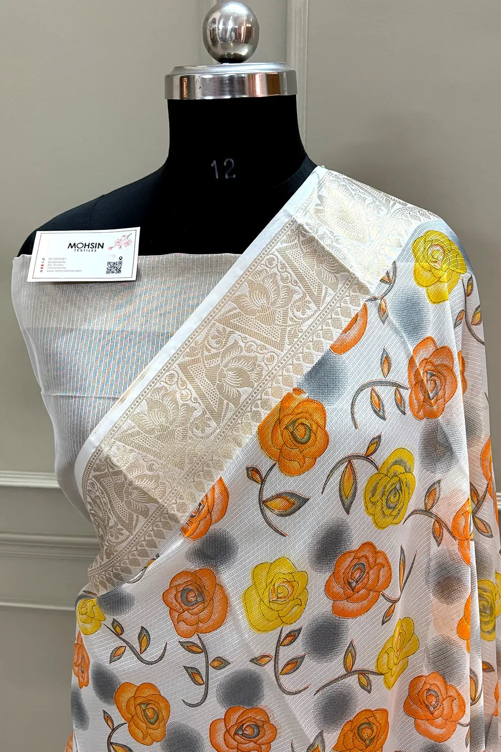 White Orange Printed Muga Silk Banarasi Saree