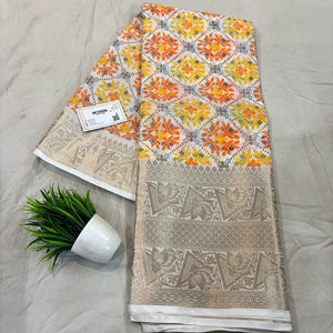 White Orange Printed Muga Silk Banarasi Saree