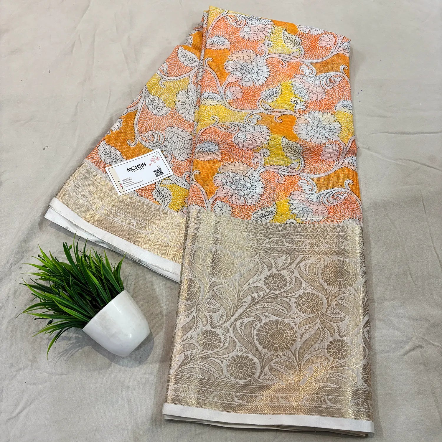 White Orange Printed Muga Silk Banarasi Saree