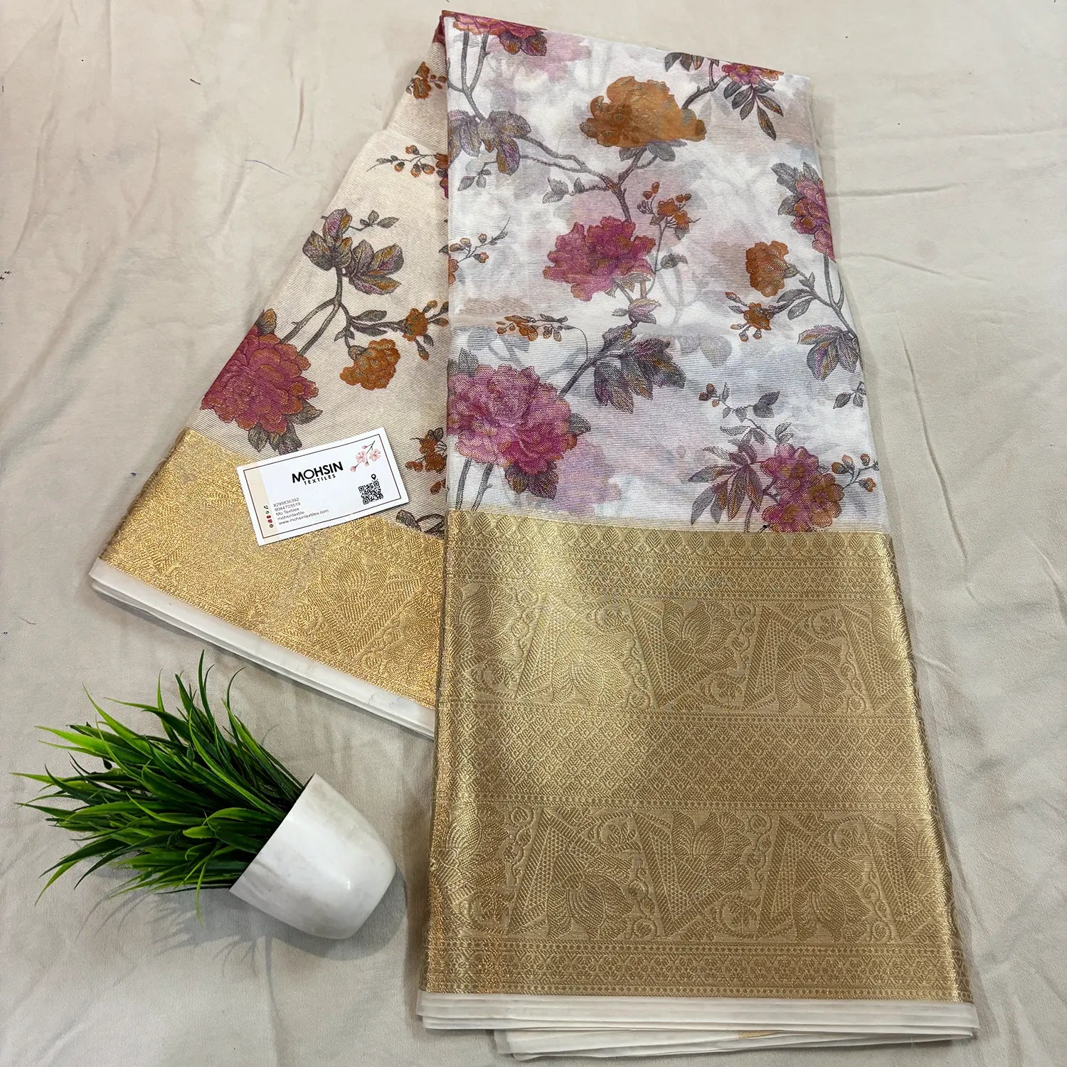 White Pink Printed Muga Silk Banarasi Saree