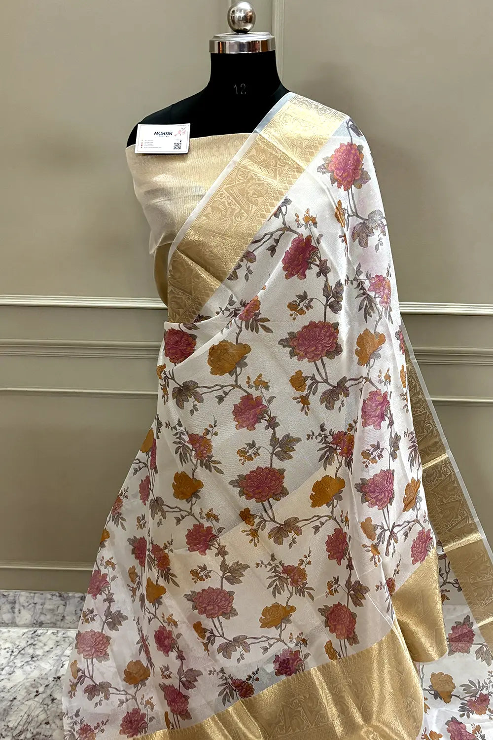 White Pink Printed Muga Silk Banarasi Saree