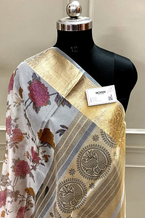 White Pink Printed Muga Silk Banarasi Saree