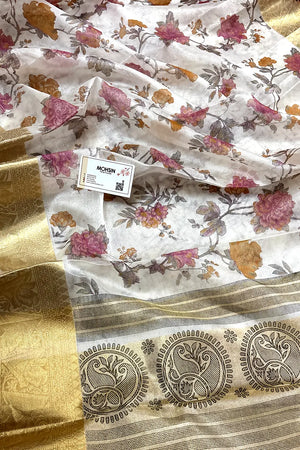 White Pink Printed Muga Silk Banarasi Saree