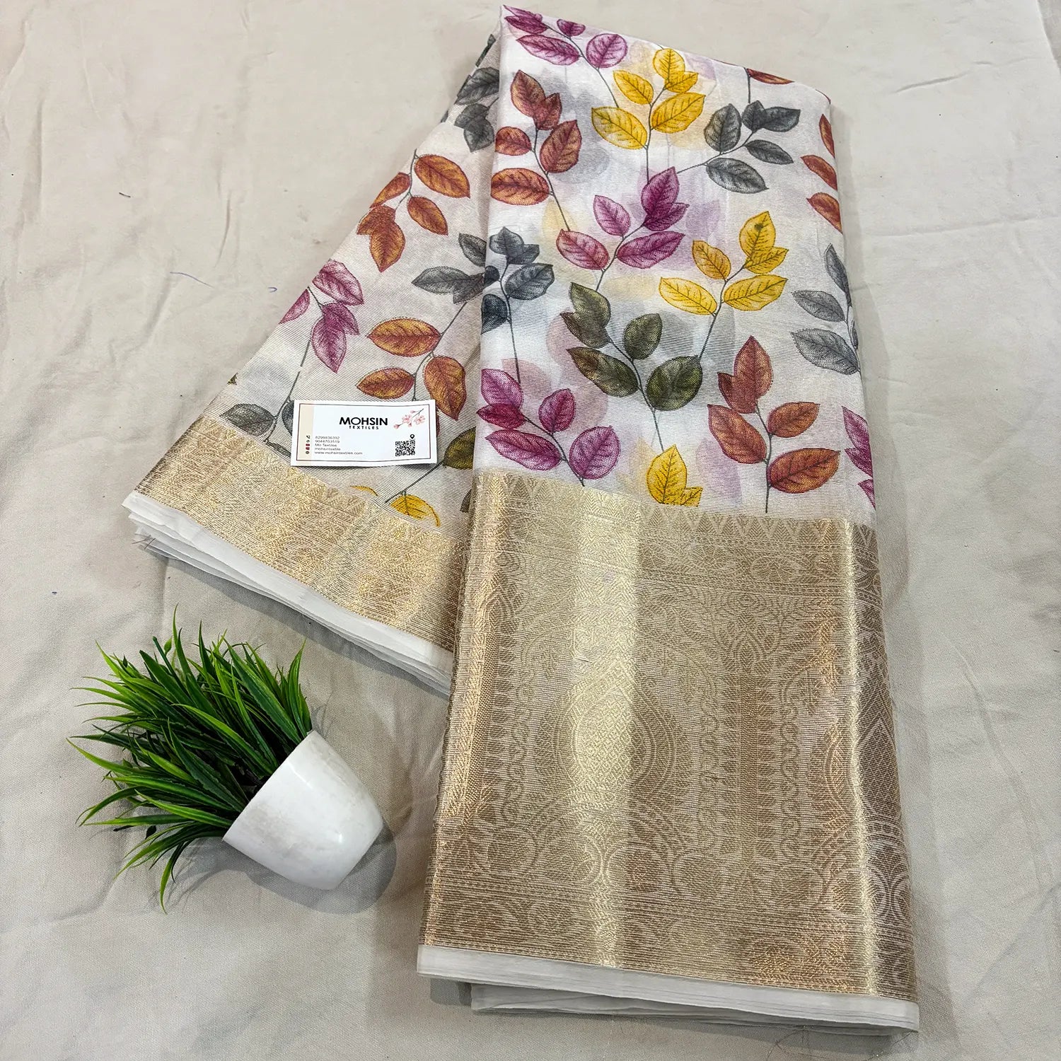 White Pink Printed Muga Silk Banarasi Saree