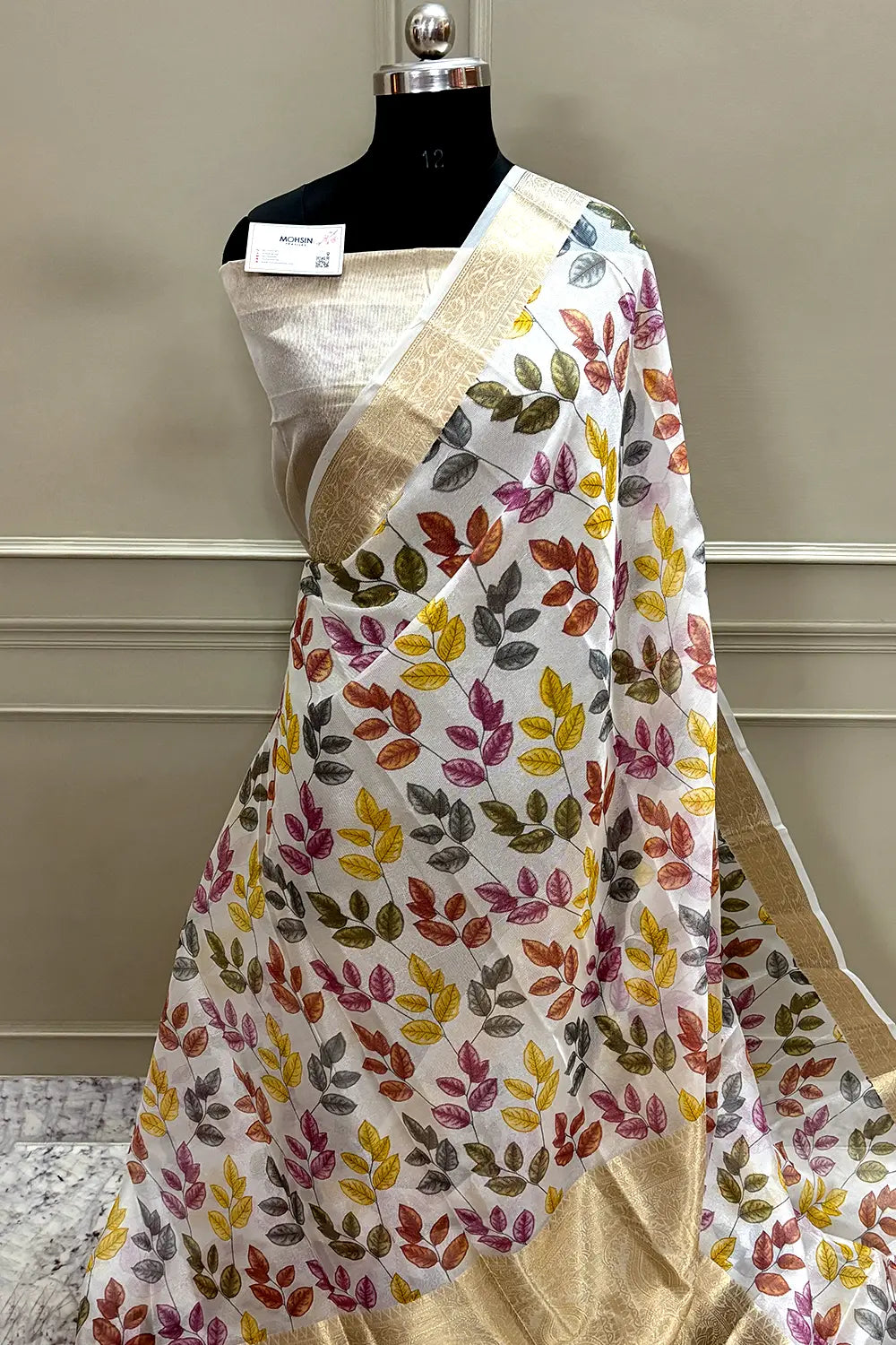 White Pink Printed Muga Silk Banarasi Saree