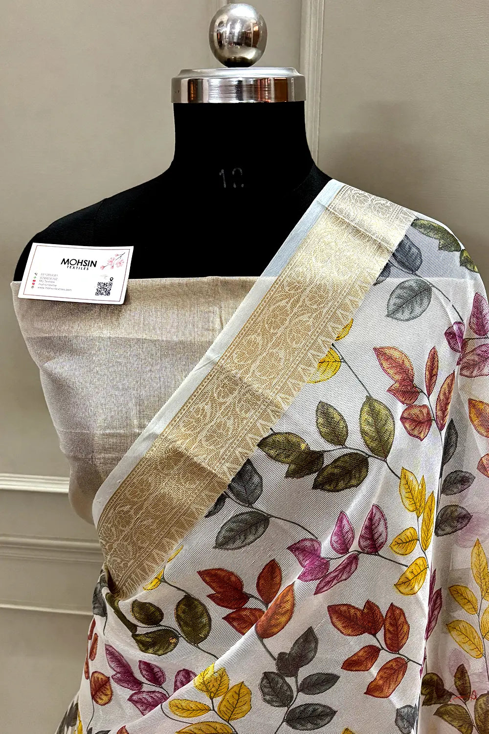 White Pink Printed Muga Silk Banarasi Saree