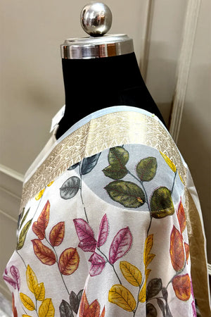 White Pink Printed Muga Silk Banarasi Saree