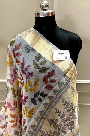 White Pink Printed Muga Silk Banarasi Saree