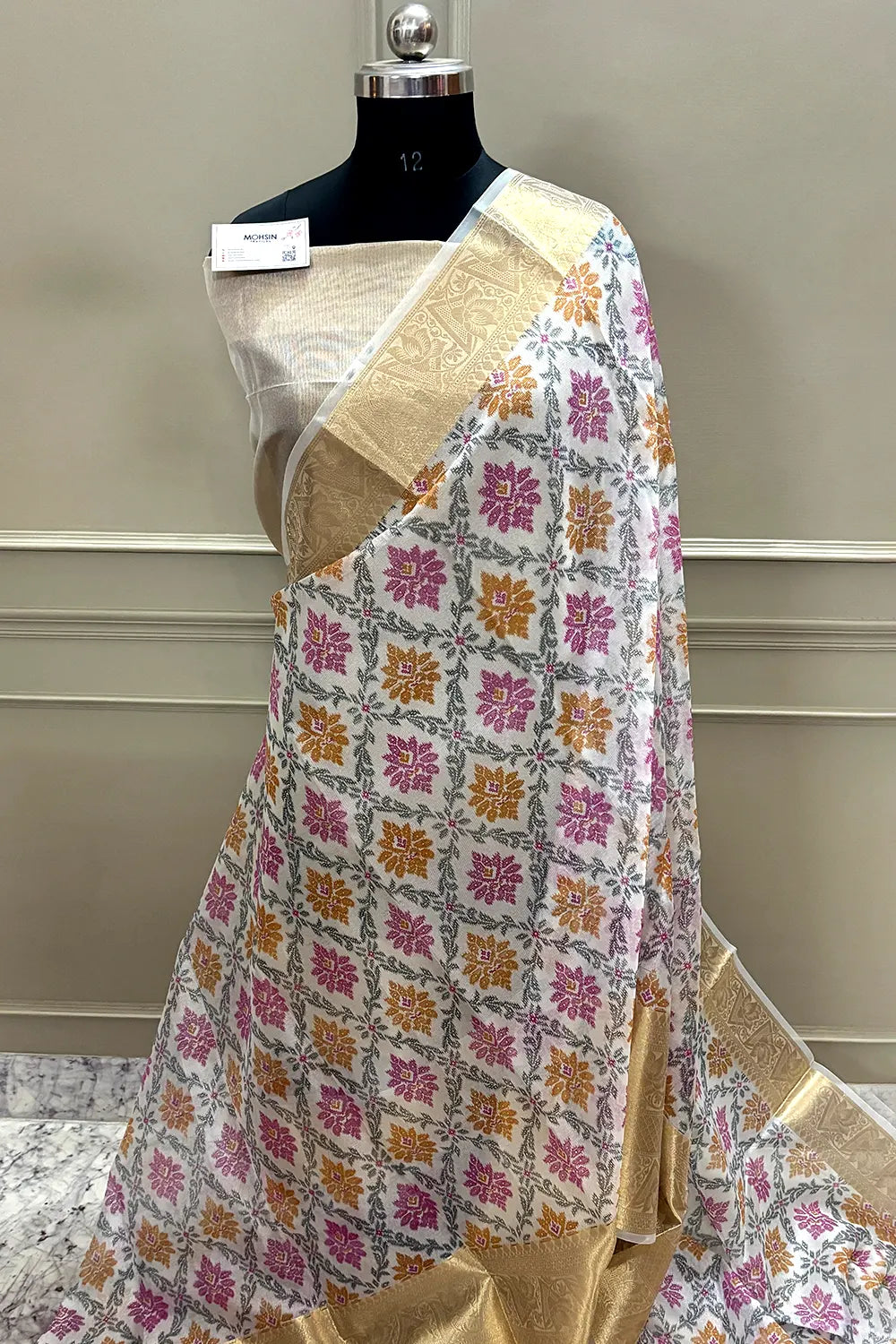 White Pink Printed Muga Silk Banarasi Saree